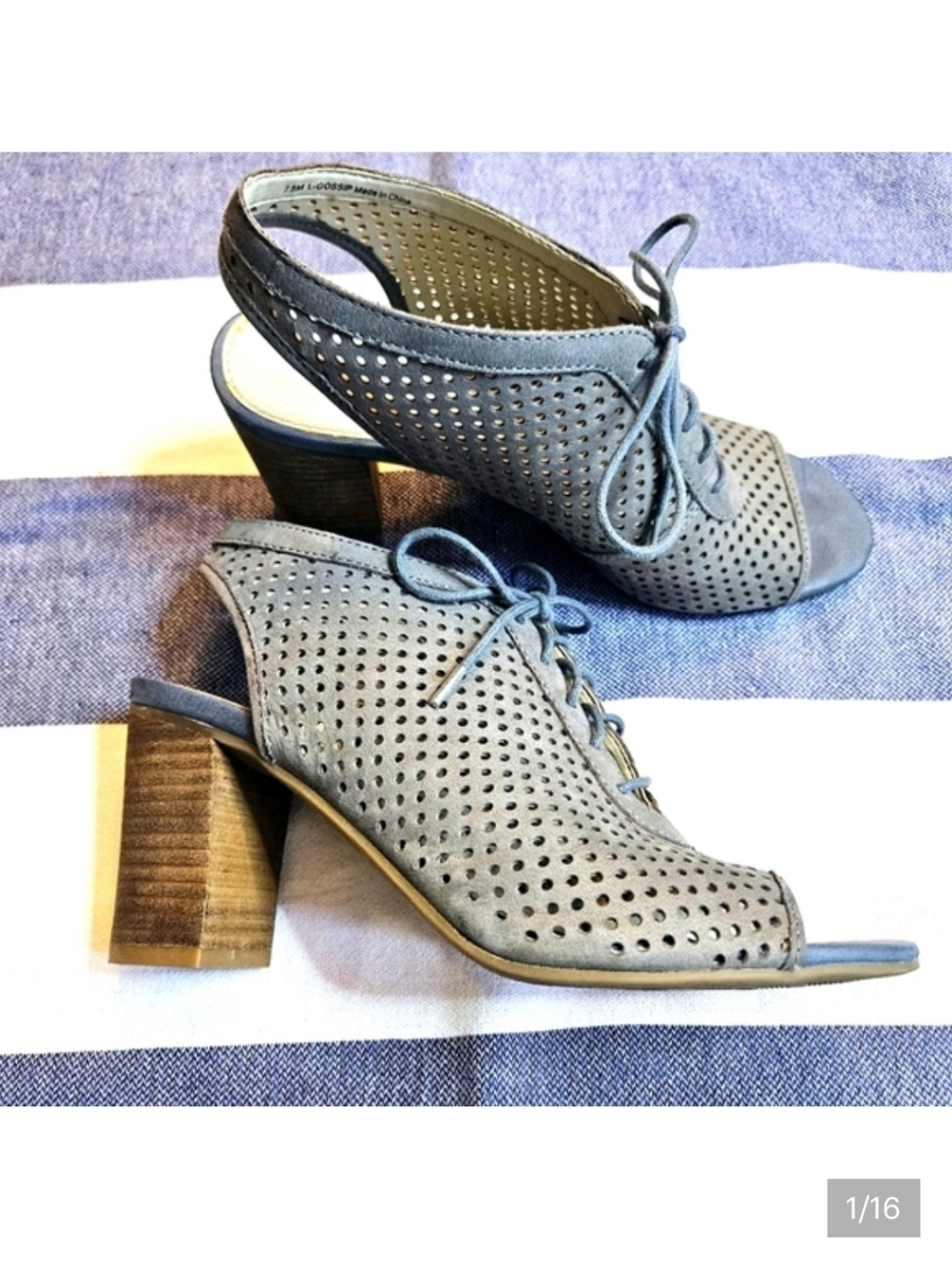 Franco Sarto Denim Blue Perforated Suede Stacked Heel "Gossip" Sandals 7.5